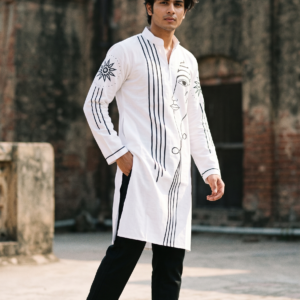 Men's Hand-Painted White Cotton Flex Kurta | Abstract Minimalist Face Art (150 GSM)